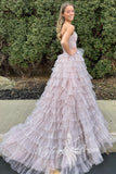 Strapless Polka Dots Prom Dress Slit Tiered Formal Dress with Keyhole GP768