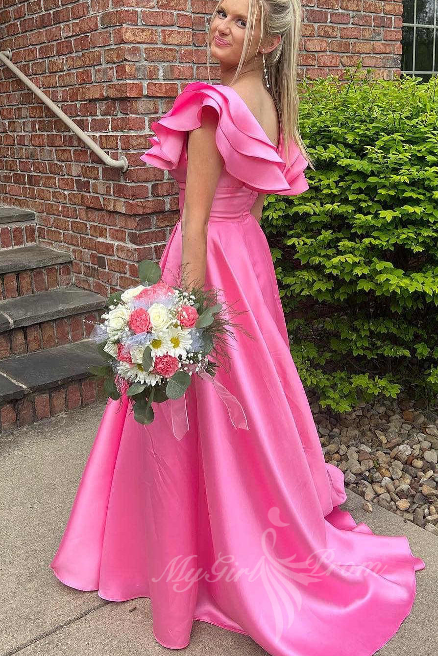 ruffles v neck satin hot pink prom dress a line slit graduation gowns