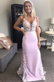 mermaid satin lace v neck appliques prom dress backless evening gown