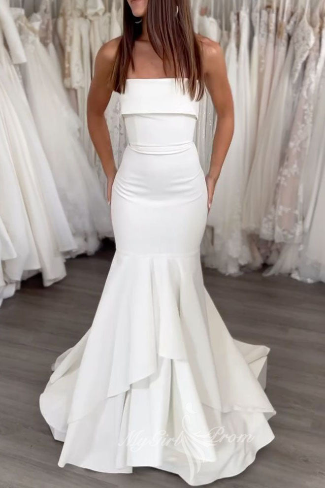 Simple Mermaid Strapless Satin Sleeveless Ivory Wedding Dresses  PW610