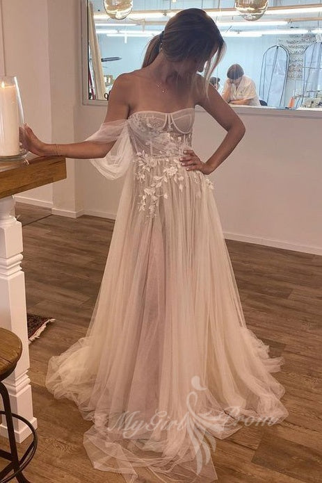 Romantic A-Line Sweetheart Appliques Tulle Boho Corset Wedding Dresses PW604