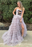 Polka Dots Strapless Prom Dress Slit Tiered Formal Dress with Keyhole GP767