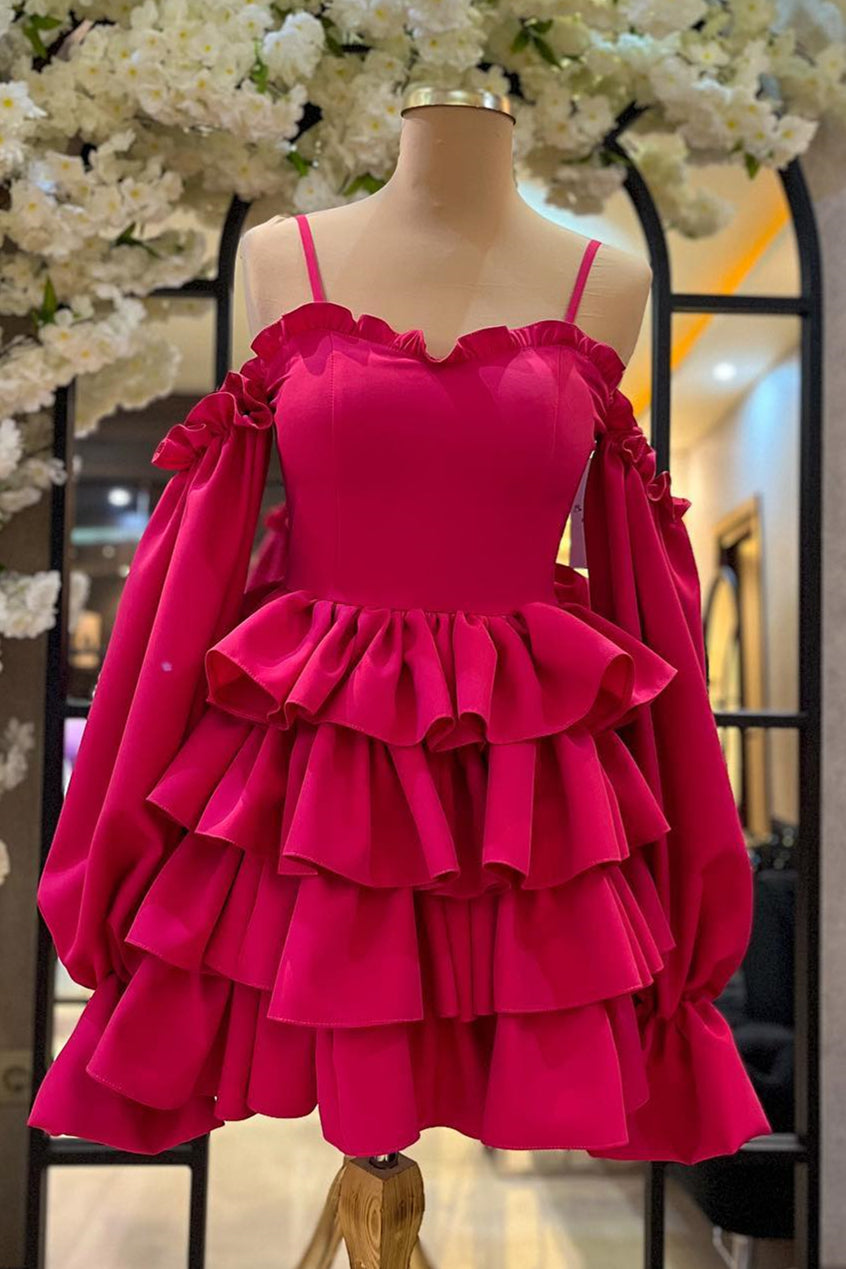 Fuchsia Ruffle Sweetheart Long Sleeves Homecoming Dress, Tiered Short Party Gown GM684