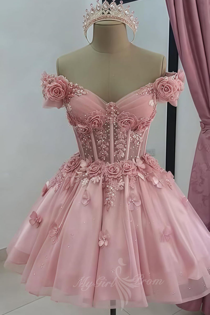 Sparkly Tulle Homecoming Dresses Off Shoulder 3D Flowers Sweet 16 Gown