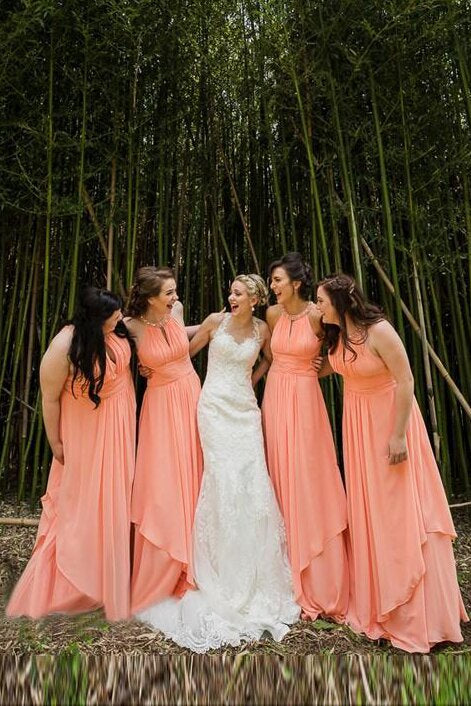 A-Line Crew Long Chiffon Coral Bridesmaid Dresses with Beading PB07