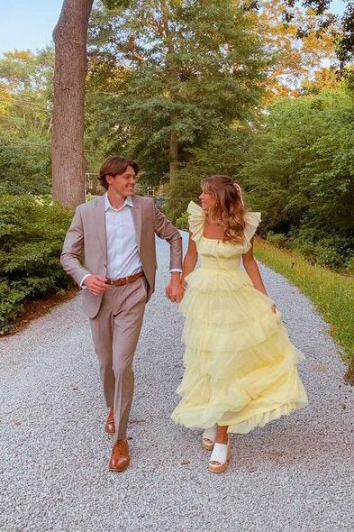 a line square yellow tiered long prom dress princess tulle formal dress
