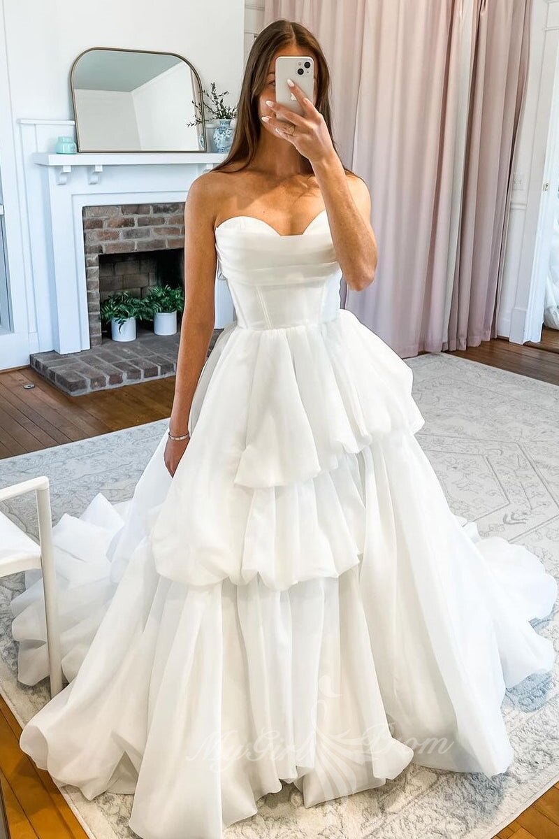 A-Line Sweetheart Corset Tiered Ivory Wedding Dresses with Train PW576