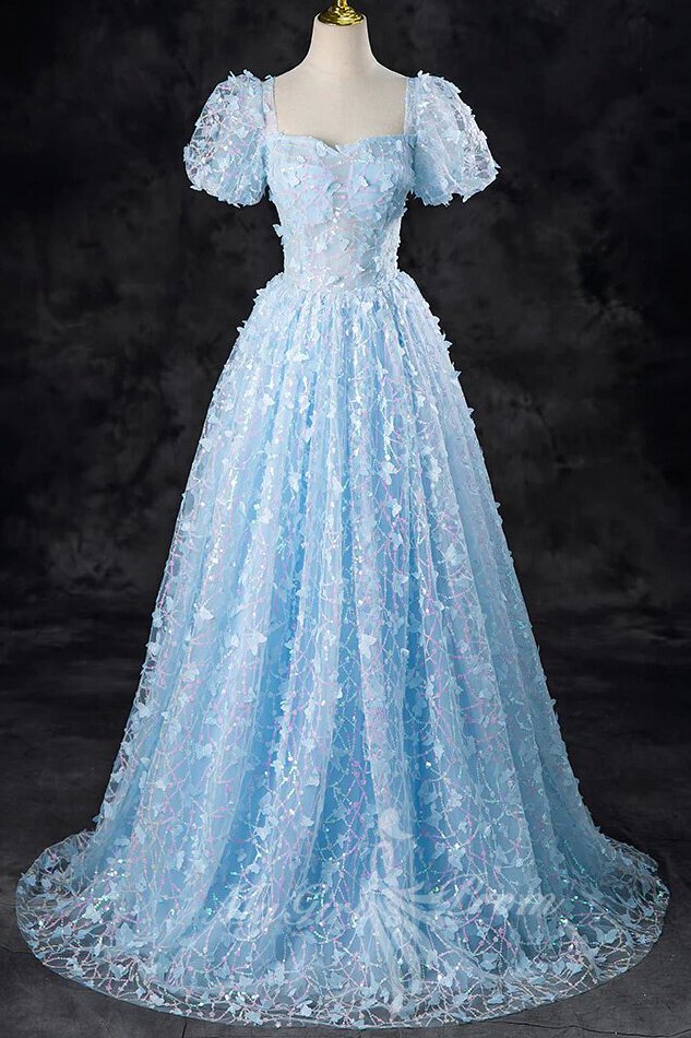 A-Line Tulle Sequin Lace Blue Long Prom Dress, Blue Long Formal Dress