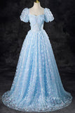 A-Line Tulle Sequin Lace Sky Blue Long Prom Dress, Short Sleeves Formal Dress GP708