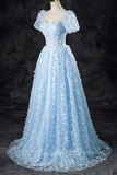 A-Line Tulle Sequin Lace Sky Blue Long Prom Dress, Short Sleeves Formal Dress GP708