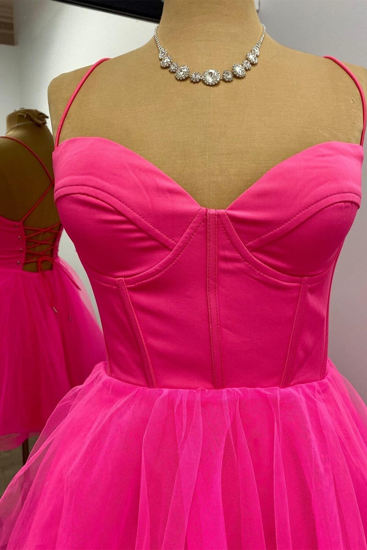 A-line Hot Pink Corset Tulle Homecoming Dress, Sweetheart Short Prom Dress GM699