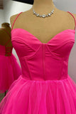 A-line Hot Pink Corset Tulle Homecoming Dress, Sweetheart Short Prom Dress GM699