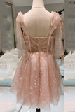 a line pink starry tulle short prom dresses tie straps homecoming dresses