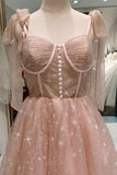 a line pink starry tulle short prom dresses tie straps homecoming dresses