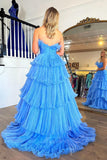 a line ruffles black tulle long prom dresses layered formal gown