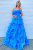 a line ruffles black tulle long prom dresses layered formal gown