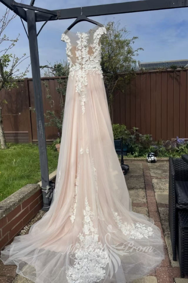 A-line Sheer Round Neck Cap Sleeves Lace Appliques Tulle Wedding Dresses