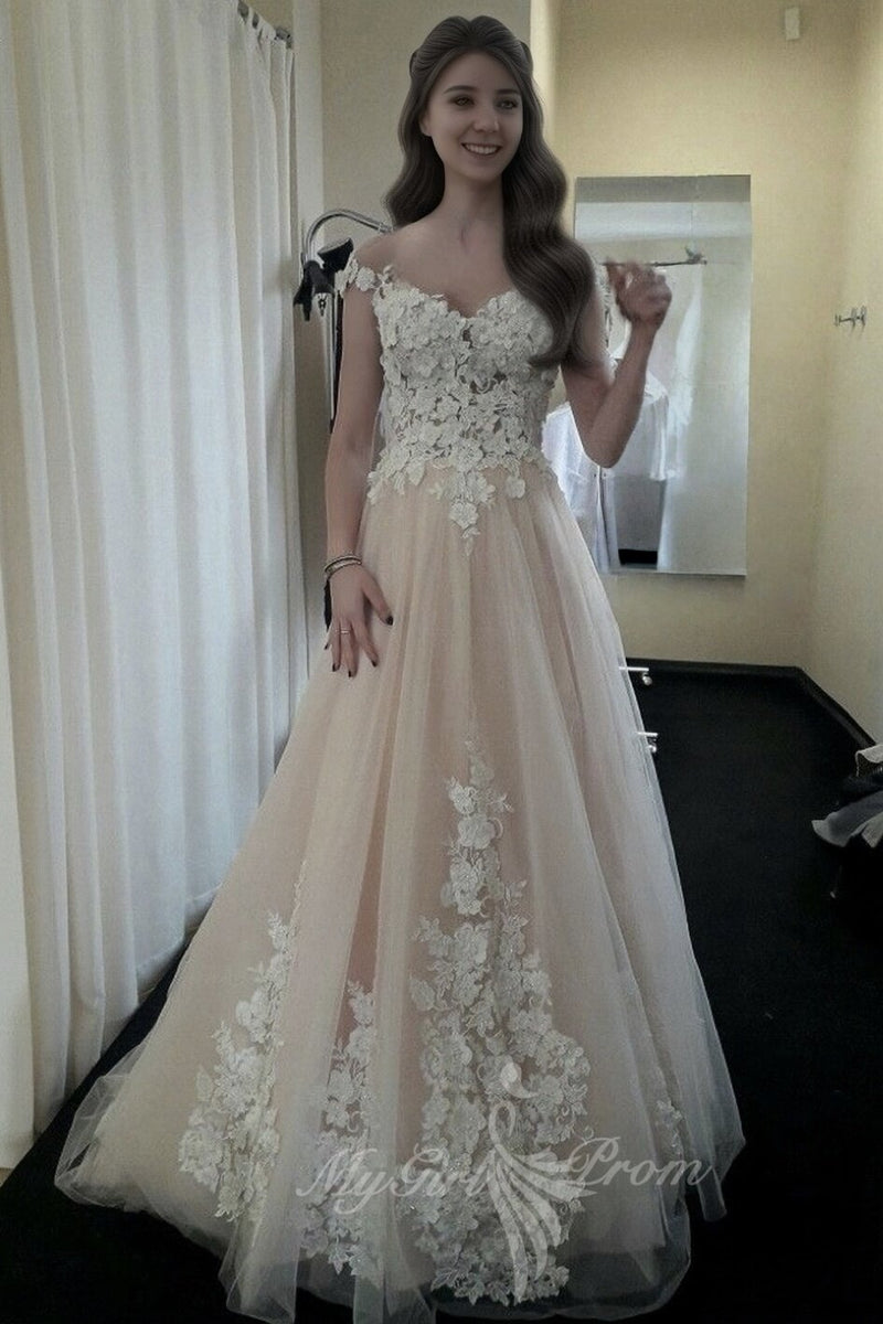 A-line Sheer Round Neck Cap Sleeves Lace Appliques Tulle Wedding Dresses