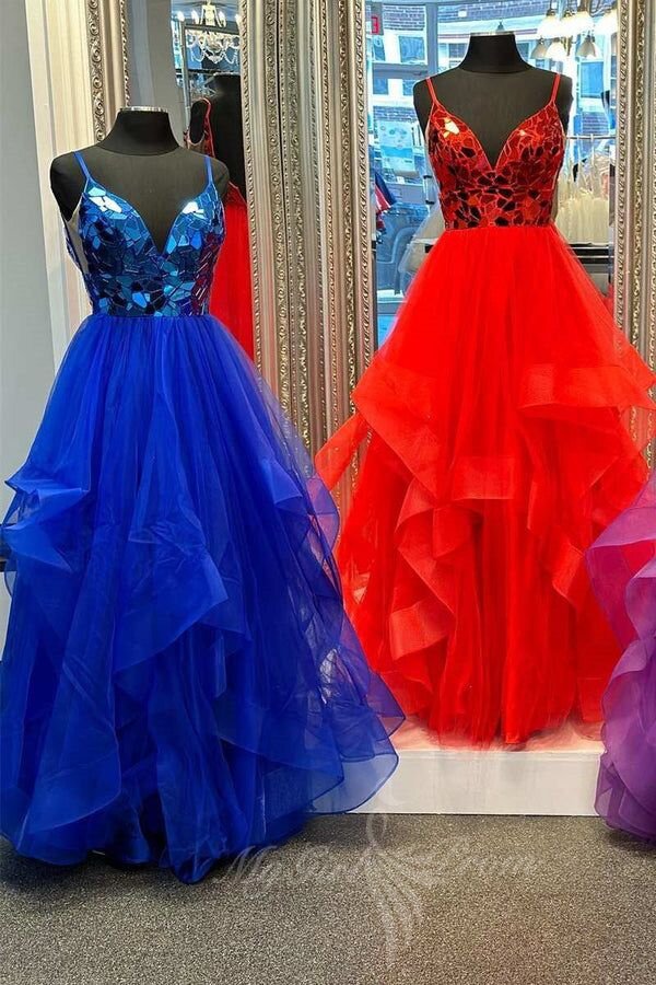 A-line V-Neck Mirror Beading Ruffle Layers Tullle Long Prom Dresses GP800