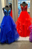 A-line V-Neck Mirror Beading Ruffle Layers Tullle Long Prom Dresses GP800