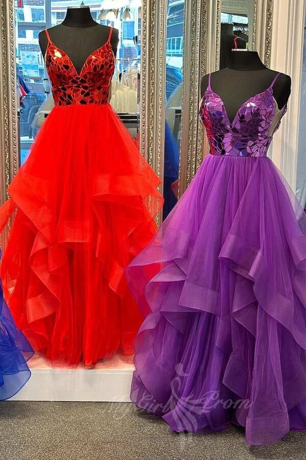 A-line V-Neck Mirror Beading Ruffle Layers Tullle Long Prom Dresses GP800