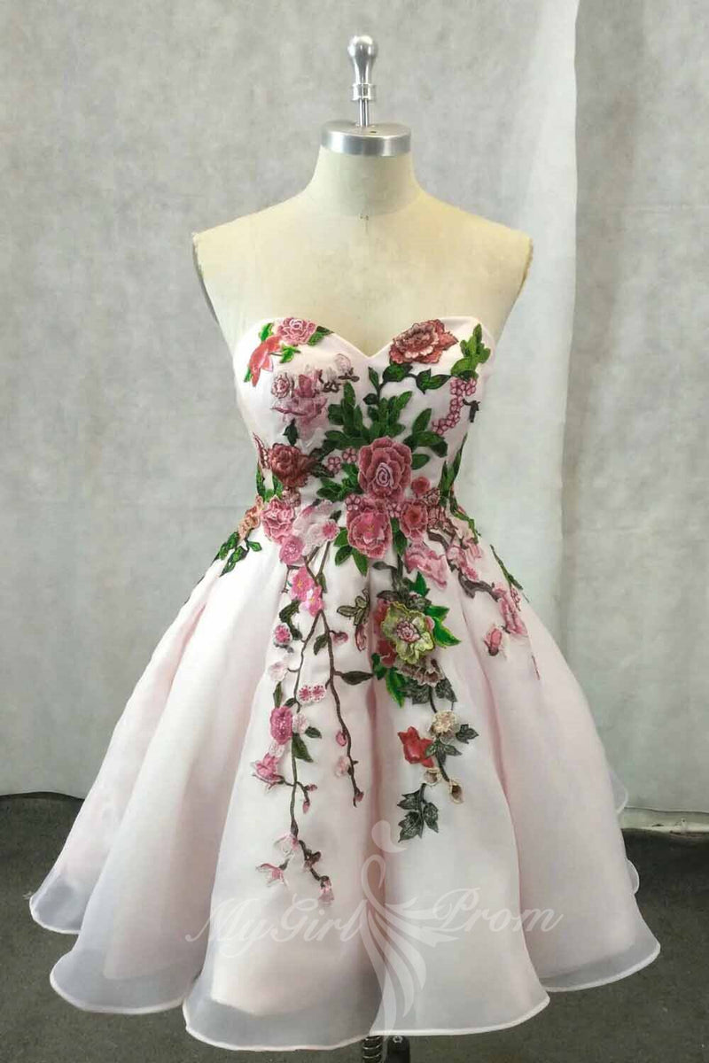 Sweetheart Pink Homecoming Dresses with Embroidered Floral Short Prom Dress GM715