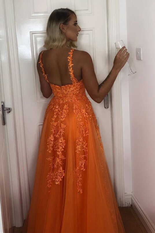 a line v neck lace appliques formal dresses orange prom dresses