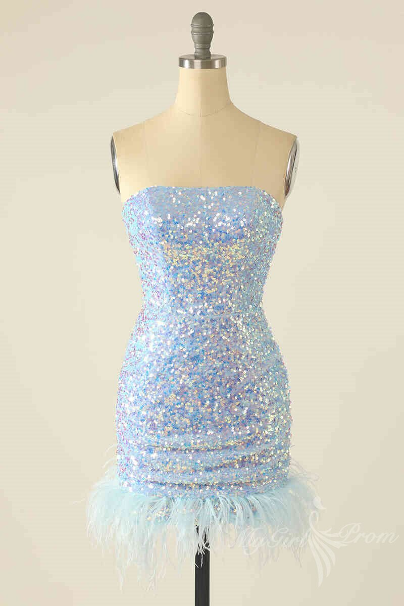 baby blue iridescent sequins tight homecoming dress with feather