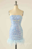 baby blue iridescent sequins tight homecoming dress with feather