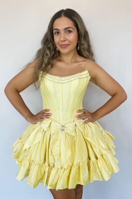 Beading Strapless A-Line Short Yellow Homecoming Dress With Bows GM735
