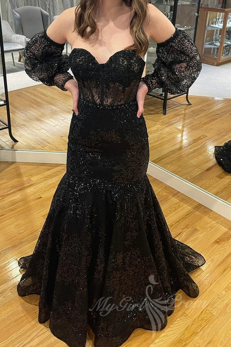 black lace mermaid prom dresses with puff sleeves sweetheart formal dresses