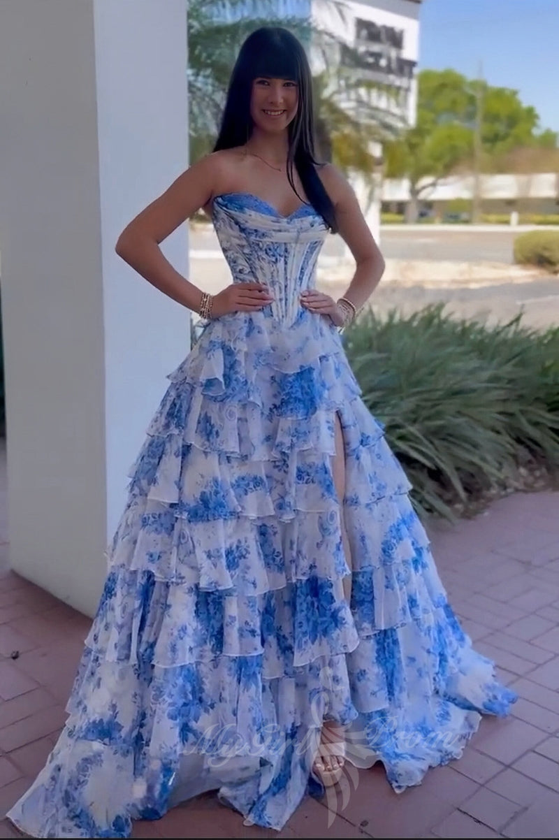 Blue Floral Print Ruffle Corset Prom Dresses Sweetheart Slit Graduation Gown GP799