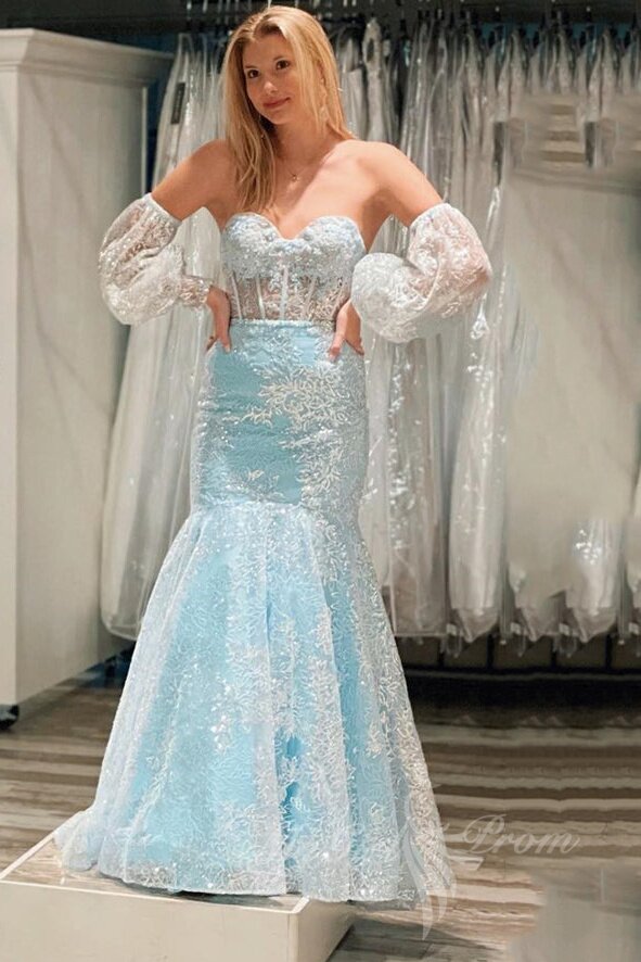 black lace mermaid prom dresses with puff sleeves sweetheart formal dresses