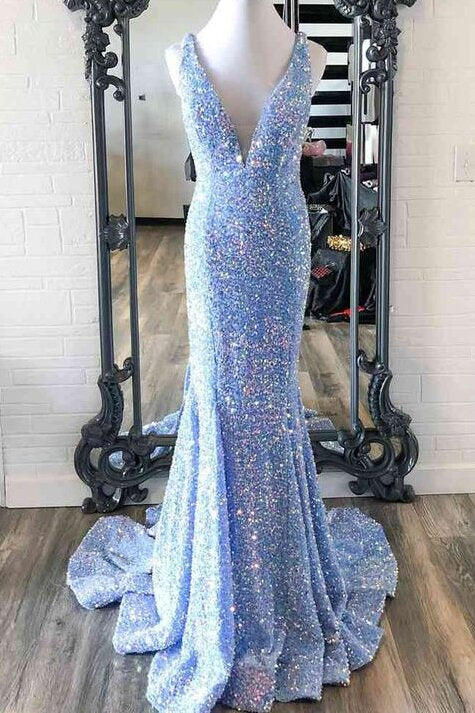 Blue Sequined Deep V Neck Mermaid Prom Dress, Glitter Formal Gown GP693