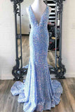Blue Sequined Deep V Neck Mermaid Prom Dress, Glitter Formal Gown GP693