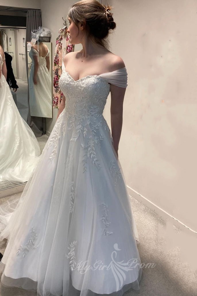 Boho A-line Tulle Lace Appliques Wedding Dress Fairytale Bridal Gown PW599