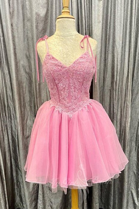Bow Tie Shoulder Appliques Tulle V Neck Pink Homecoming Dress GM713