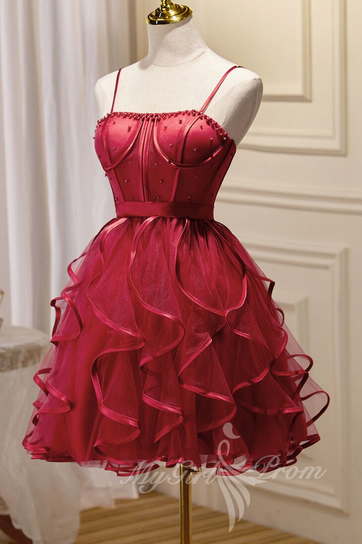 burgundy spaghetti straps short prom dress puffy homecoming dress