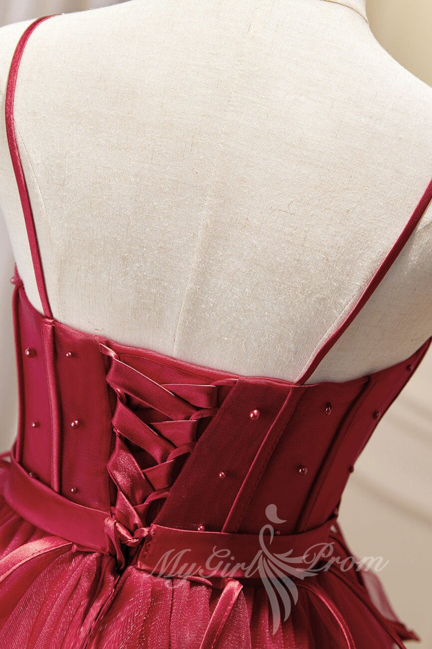 burgundy spaghetti straps short prom dress puffy homecoming dress
