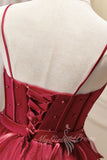 burgundy spaghetti straps short prom dress puffy homecoming dress
