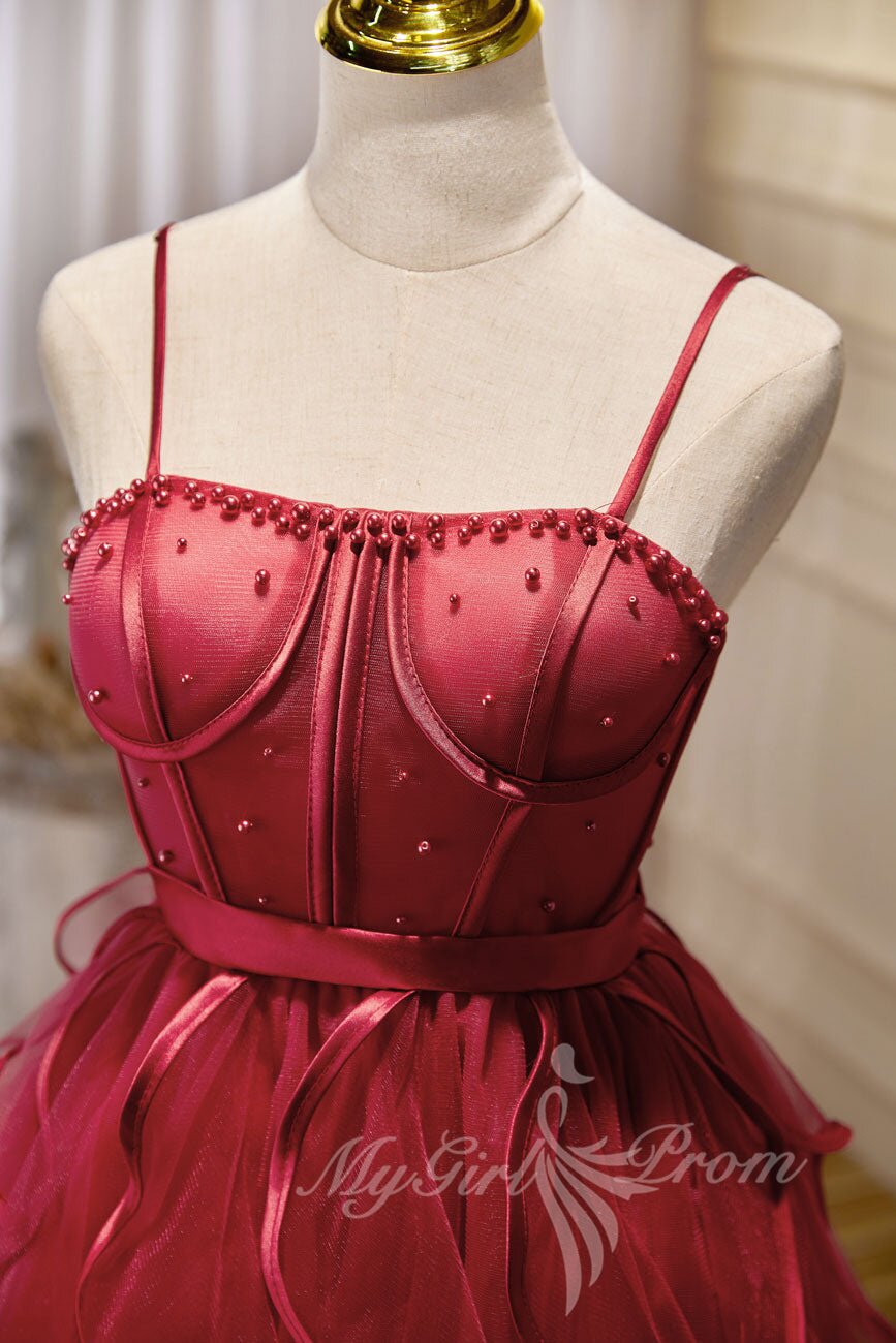 burgundy spaghetti straps short prom dress puffy homecoming dress