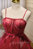 burgundy spaghetti straps short prom dress puffy homecoming dress