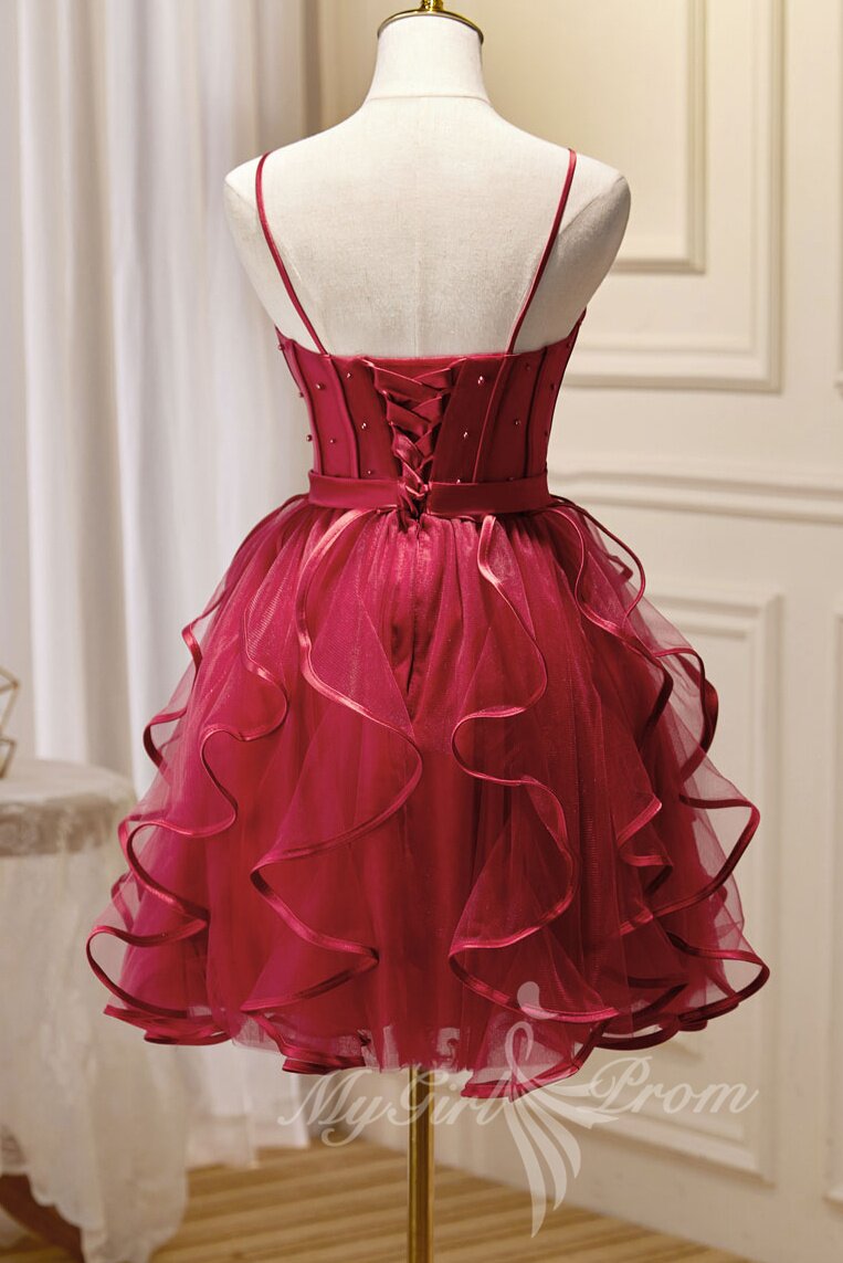 burgundy spaghetti straps short prom dress puffy homecoming dress