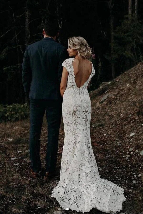 Cap Sleeves Mermaid Lace Long Wedding Dresses, Backless Bridal Dress PW579