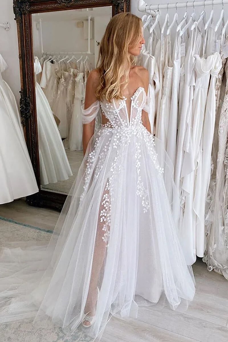 Charm Off Shoulder Tulle Appliques Boho Wedding Dress, Slit Beach Bridal Gown PW568