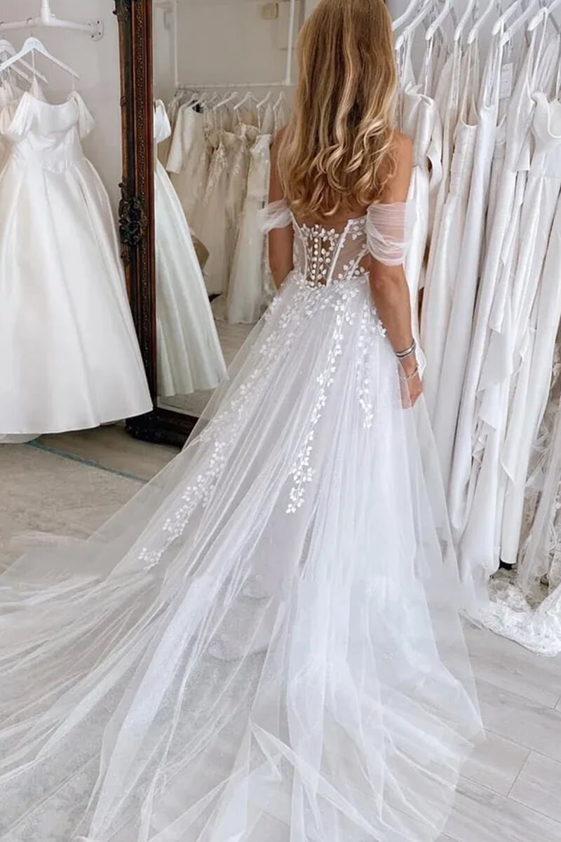 Charm Off Shoulder Tulle Appliques Boho Wedding Dress, Slit Beach Bridal Gown PW568
