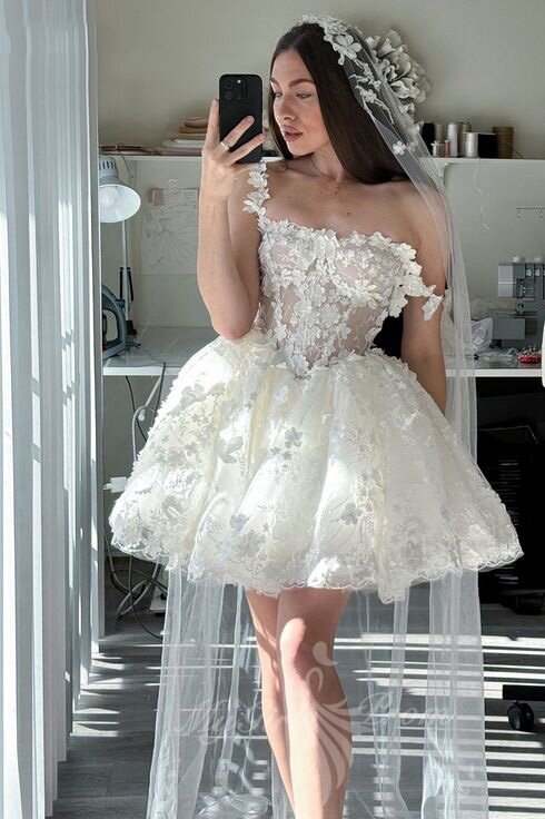 Charming Straps Floral Applique Homecoming Dress Short Lace Wedding Dress GM727