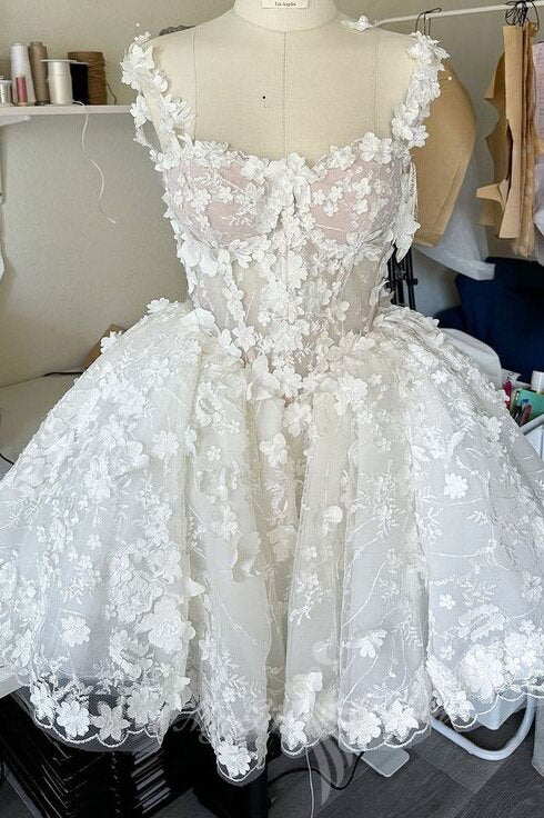Charming Ivory Floral Applique Homecoming Dress Short Lace Wedding Dress GM727