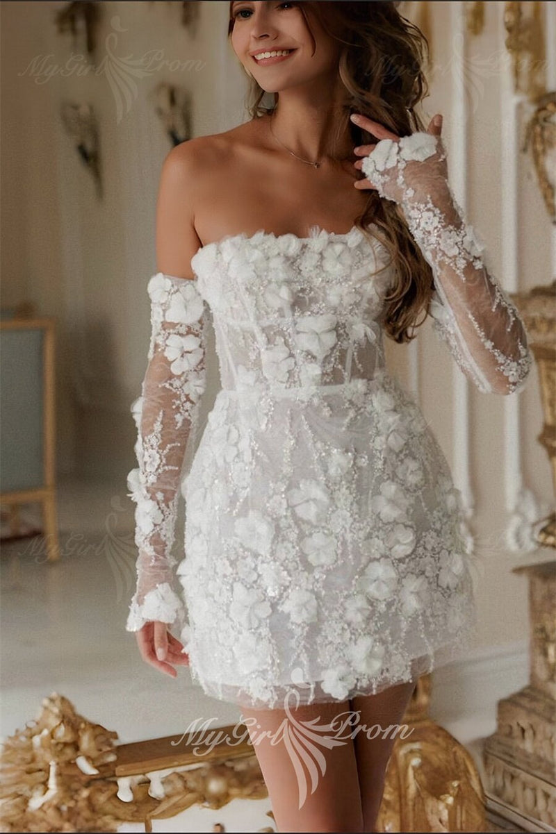 Detachable Sleeves Mini Prom Dresses Flower Appliques Homecoming Dresses GM704