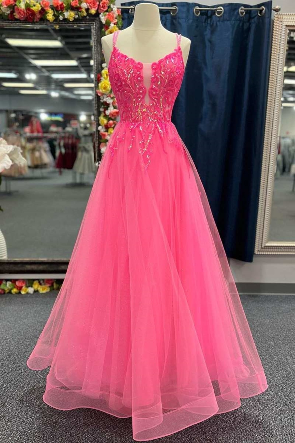 charming pink tulle prom dresses lace up sequins lace graduation dress